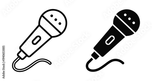microphone icon set with outline and solid black styles for music podcast karaoke recording studio audio equipment vocal performance speech broadcast