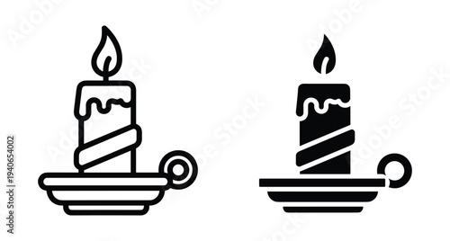 Burning candle icon set with flame and dripping wax in vintage holder candlestick silhouette and outline style for holiday or memorial
