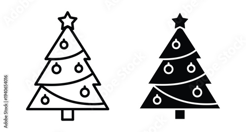 Christmas tree icons set featuring outline and solid silhouette styles with star topper and hanging ornaments for winter holiday season celebration