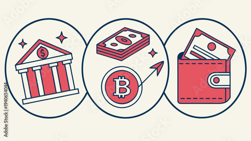 Set of 3 finance icons vector, bank, wallet, cryptocurrency