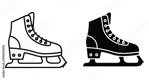 Ice skate icons set featuring outline and solid black silhouette styles for winter sports figure skating equipment and recreational ice activities