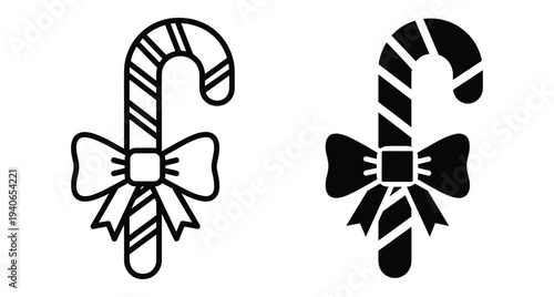 Christmas candy cane icons with decorative bows featuring striped peppermint stick design in outline and solid black silhouette styles for holiday