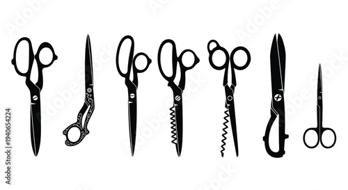A collection of various black silhouette scissors and blades displayed in a row
