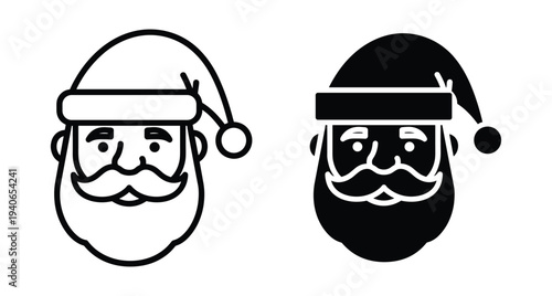 Santa Claus head icon set featuring outline and solid black versions with traditional hat beard and mustache for Christmas holiday designs