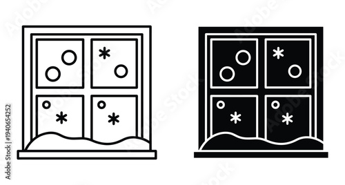 winter window icon set showing snow on sill and snowflakes through glass panes in outline and solid black vector graphic style