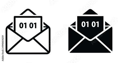 Digital email envelope icon with binary code data representing secure electronic communication message transfer for technology and business software applications set