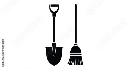 A black silhouette illustration of a shovel and a broom standing upright