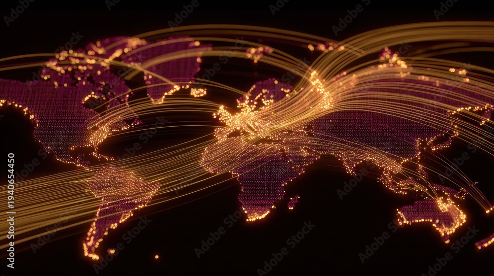 Fototapeta premium Luminous lines flow between glowing nodes on a map, representing connections in international trade across different regions of the world.
