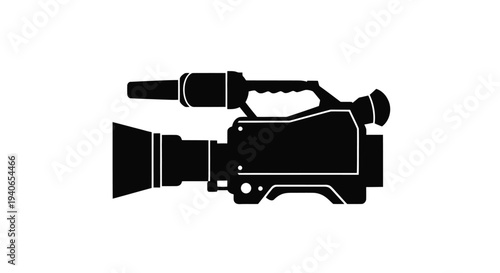 A black silhouette of a professional video camera with lens and handle