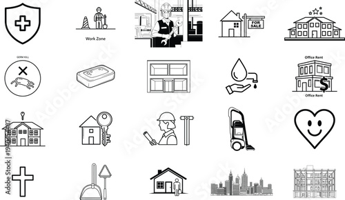 Collection of black and white icons depicting various community and city infrastructure elements from a straightforward viewpoint.