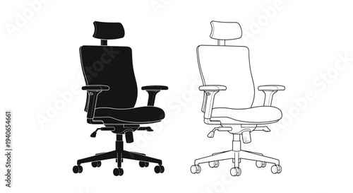 Two office chairs one black and one white depicted in a line drawing