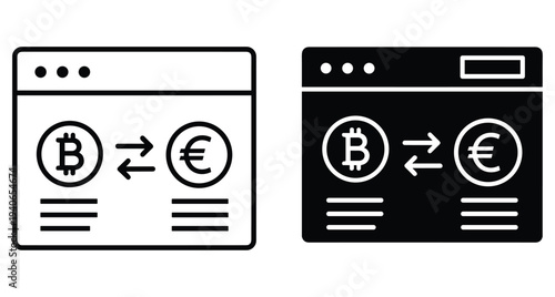 Bitcoin to Euro cryptocurrency exchange platform interface icons showing digital currency conversion on web browser window for online trading and finance