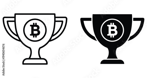 Bitcoin trophy icon set featuring outline and solid black styles for cryptocurrency success achievement winner reward digital finance money wealth competition