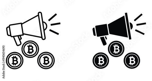 Bitcoin marketing icon set featuring megaphone bullhorn and crypto coins for digital currency promotion advertising announcement and financial news broadcast symbol