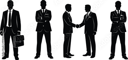 Businessmen Silhouettes Set Professional Corporate Men Handshake Meeting and Standing Poses Vector Illustration