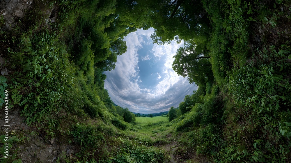 Fototapeta premium A surreal wide angle view looking up from a forest floor towards a bright sky and distant fields