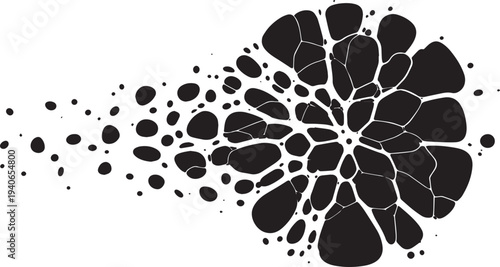 Abstract black and white vector illustration of organic cell division or explosion, featuring a dynamic cluster of irregular shapes dispersing into smaller particles