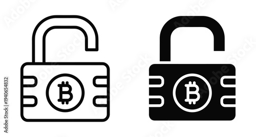 Bitcoin cryptocurrency open padlock security icon set representing digital wallet access financial safety blockchain technology encryption and decentralized money storage protection