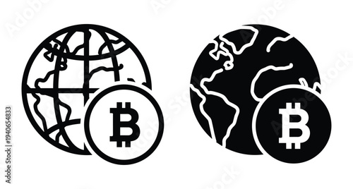 Bitcoin cryptocurrency icons with globe earth symbols representing global digital currency finance blockchain technology decentralized money network international payment system web