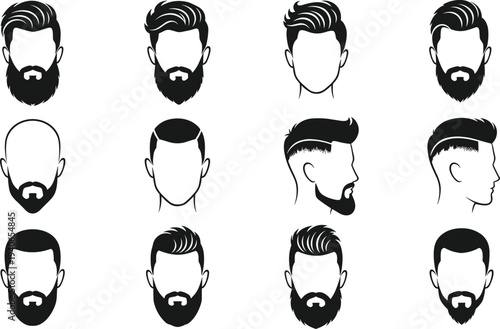 Collection of Modern Men Hairstyles and Beard Styles Male Head Silhouette Icons Vector Set
