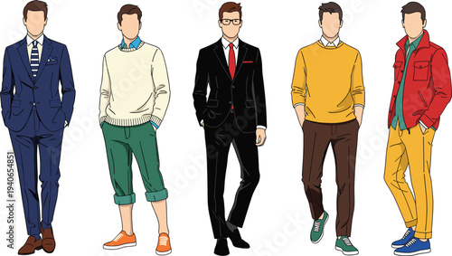 Collection of Stylish Men Fashion Outfits Casual and Formal Male Clothing Styles Vector Illustration Isolated