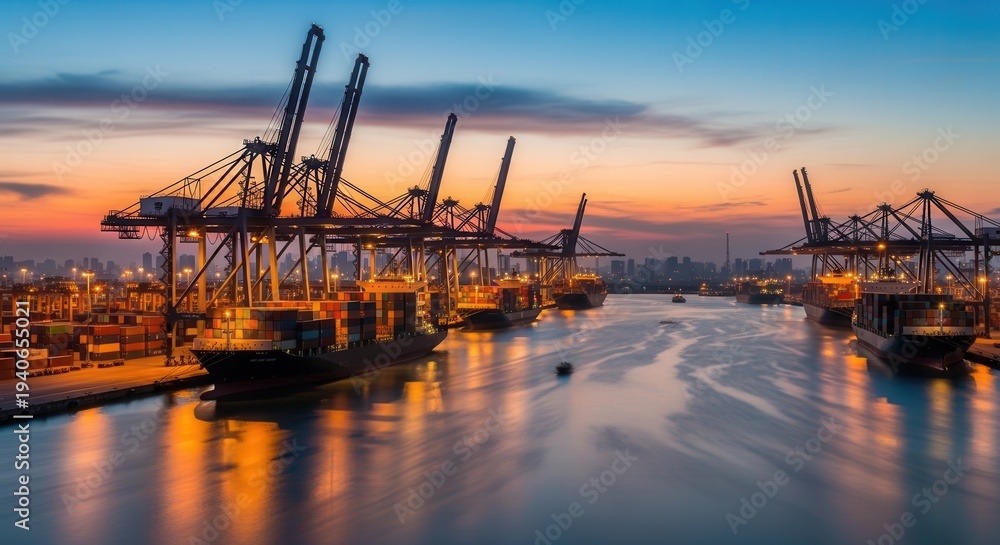Naklejka premium A serene harbor scene at sunset with cargo ships and cranes docked along the waterfront