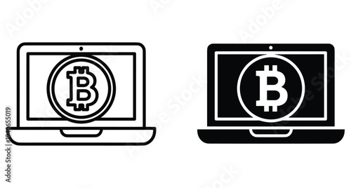 Bitcoin cryptocurrency symbol on laptop screen icon set featuring outline and solid black versions for digital finance web design and online banking