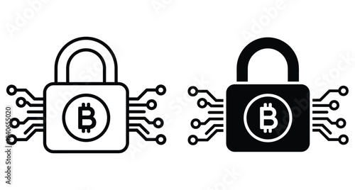 Bitcoin security padlock icon set with circuit lines representing cryptocurrency protection digital wallet encryption blockchain technology secure financial transaction data safety