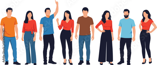 Diverse Group of Casual Young Men and Women Standing Together Flat Vector People Character Collection