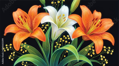 Detailed illustration of an orange and white lily bouquet, featuring lush green foliage and delicate yellow accents on a black background