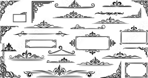 Solid black ornamental flourish and swirl design, elegant decorative scroll motif for vintage borders and luxury frames vector illustration.