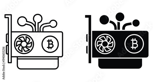 Graphics card icon set for bitcoin mining hardware showing gpu with cooling fan and cryptocurrency symbol for digital finance and technology