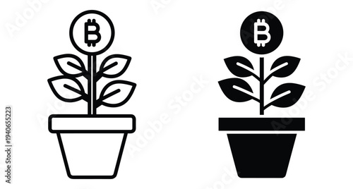 Bitcoin plant growing in a pot icon set representing cryptocurrency investment financial growth digital currency wealth success and blockchain technology development