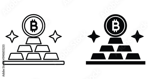 Bitcoin cryptocurrency coin sitting on top of stacked gold bars with shining stars in outline and solid black vector icon styles