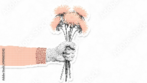 Hand holding bouquet of flowers with orange petals and black stems in a halftone dot pattern effect, creative graphic design element for decoration
