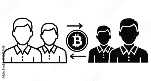 Bitcoin peer to peer transaction icon showing two groups of people exchanging digital currency with arrows and cryptocurrency symbol for finance
