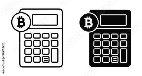 Bitcoin calculator icon set for cryptocurrency financial planning digital asset investment profit calculation and blockchain economy management tools in flat style