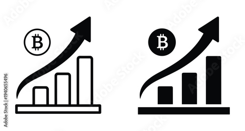 Bitcoin cryptocurrency growth chart icon set showing rising market value with upward arrow and bar graph for financial investment digital trading