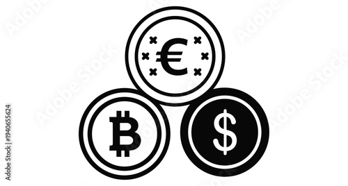 Bitcoin dollar and euro currency icons set representing global finance digital crypto assets and traditional money exchange symbols for business banking