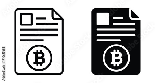 Bitcoin document icon set showing digital currency transaction report file with crypto symbol in outline and solid black glyph style graphic