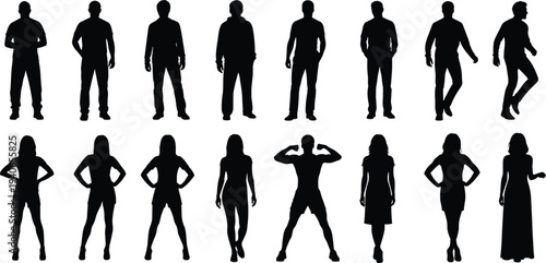 Men and Women Standing Silhouette Collection Various Human Poses Full Body People Vector Set