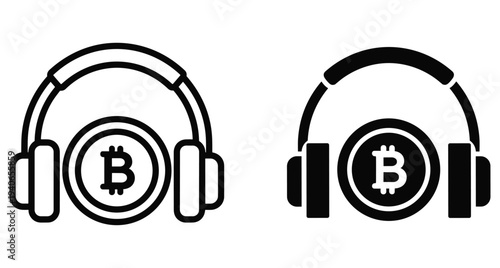 Bitcoin cryptocurrency coin inside music headphones icon set with outline and solid black versions for digital finance audio and podcasting technology