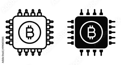 Bitcoin cryptocurrency mining chip icon set with outline and solid versions representing digital currency processing hardware blockchain technology and electronic finance