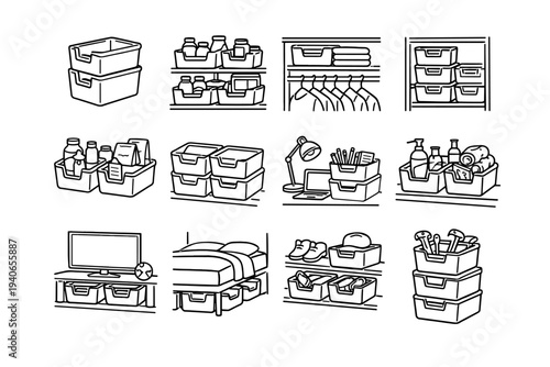 Supplies storage outline practical functional solution icon organizer use vector stackable