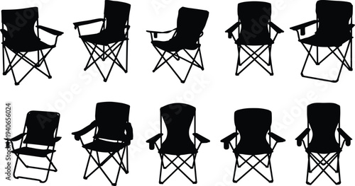 Folding camping chair silhouettes collection, portable outdoor seating set, black vector illustration isolated on white background travel picnic equipment design