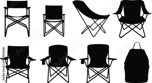 Folding chair silhouettes, portable seating vector, camping furniture illustration, outdoor decor design, travel gear icons, black shapes, compact chair art
