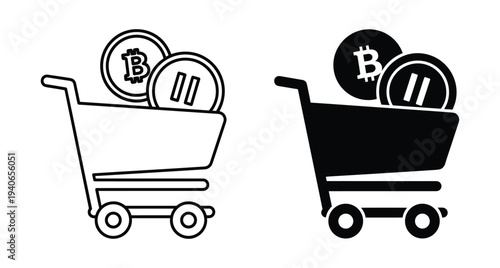 Shopping cart icon set with bitcoin and cryptocurrency coins representing digital commerce online retail electronic payment systems and blockchain financial transactions