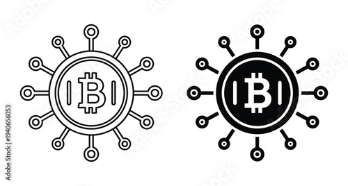 Bitcoin cryptocurrency network icon set with blockchain technology digital money finance concept web design elements outline and solid black vector symbols