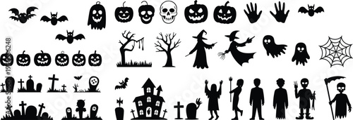 Halloween silhouette icons collection, spooky bats, jack-o’-lanterns, witches, ghosts, zombies, haunted house, gravestones, spider web, scary design elements