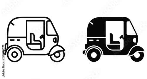Tuk tuk auto rickshaw icon set featuring outline and solid silhouette styles for transportation taxi service travel and urban commute design